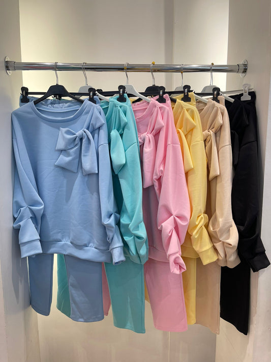 Womens Pastle Colour Lounge Wear With Bow And Rushed Sleeve.