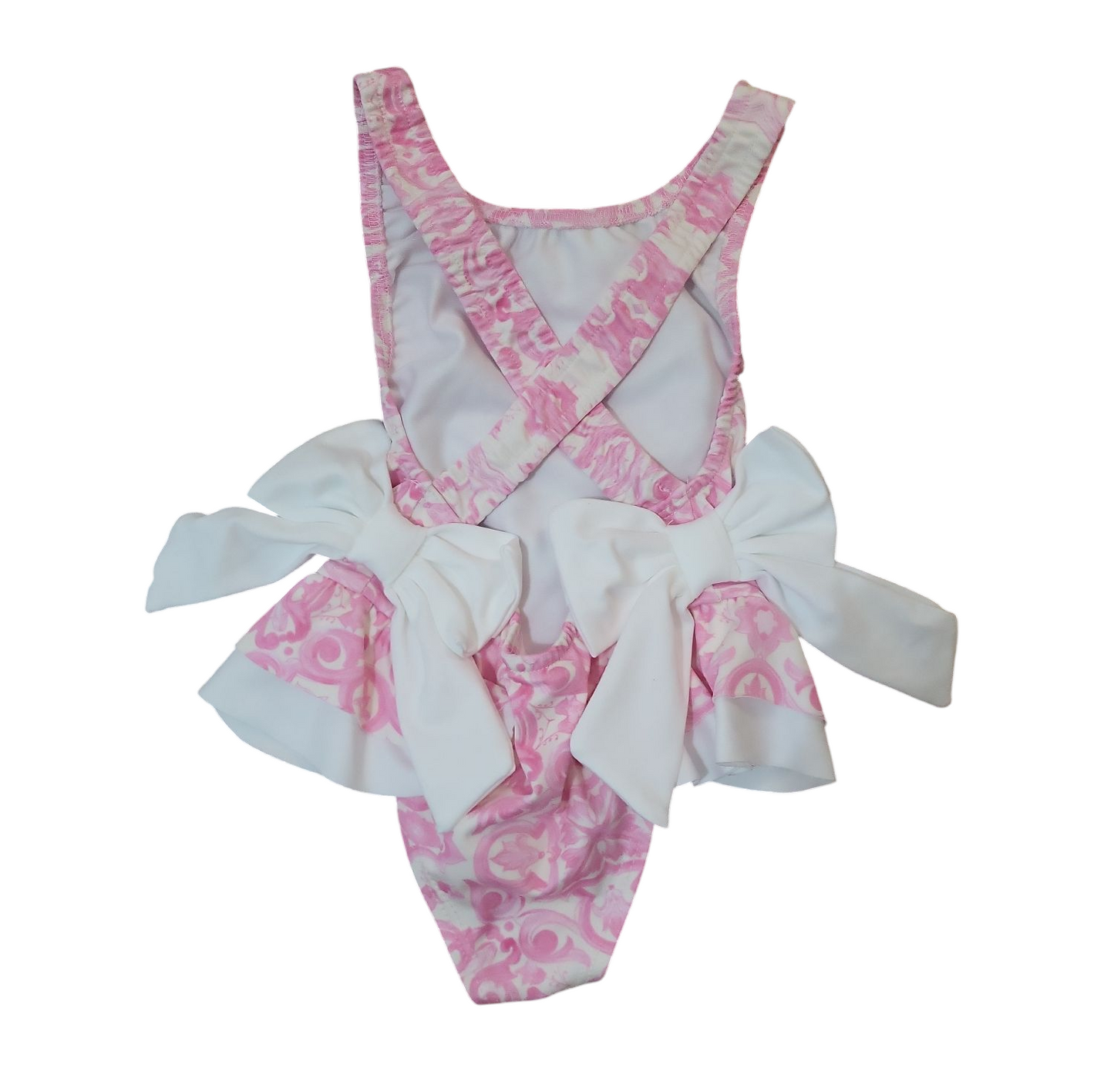 Girls Italian Styled Swimming Costume- Double White Bow- Paisley Pink