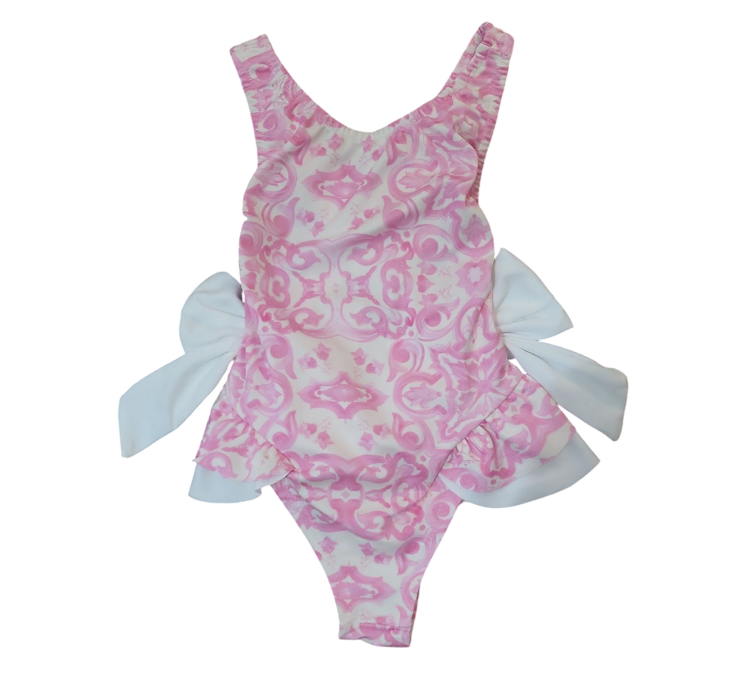 Girls Italian Styled Swimming Costume- Double White Bow- Paisley Pink