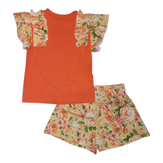 girls flower ruffle t-shirt and shorts set- orange