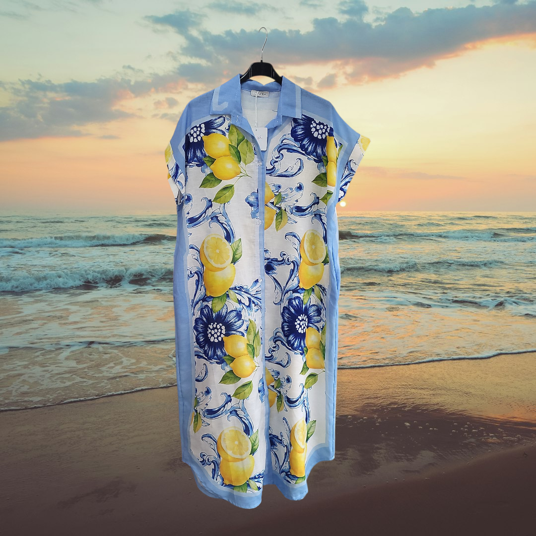 Women's Button Through Short Sleeve Dress- Lemons Detail