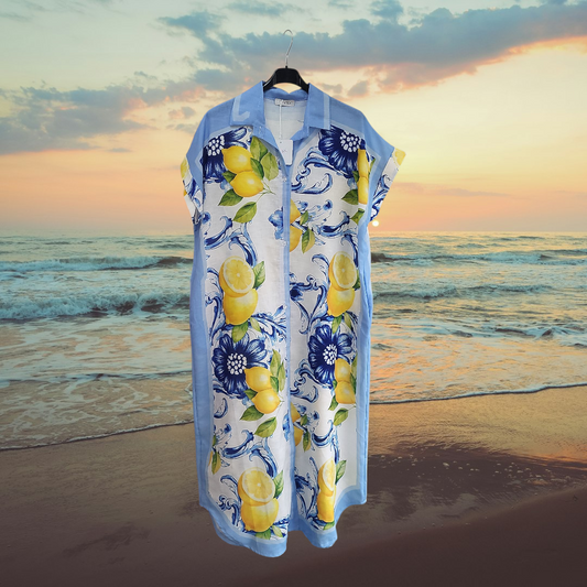 Women's Button Through Short Sleeve Dress- Lemons Detail