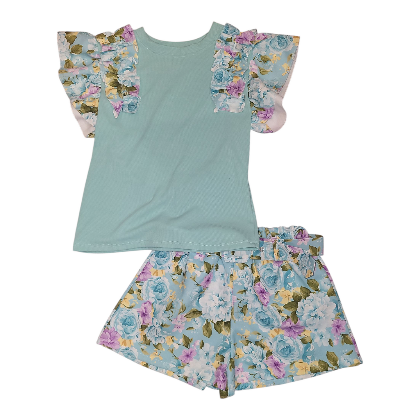 girls flower ruffle t-shirt and shorts set- mint