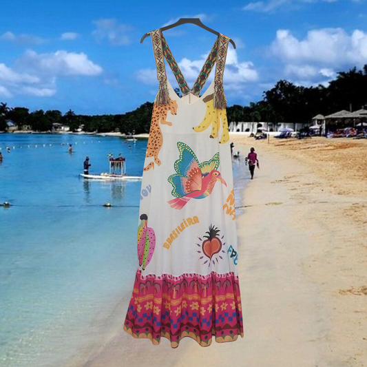 Women's Long Strappy Summer Dress- Fruits & Animal Print- One Size
