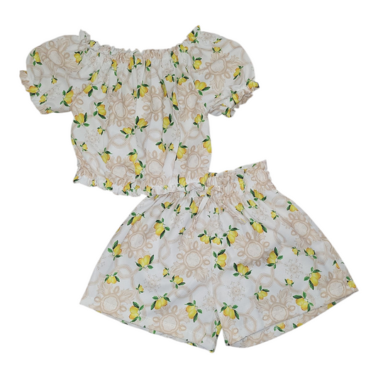 Girl's Lemons Short Sleeve Top & Shorts Set- Beige or Sky Blue- Ages 4 to 14