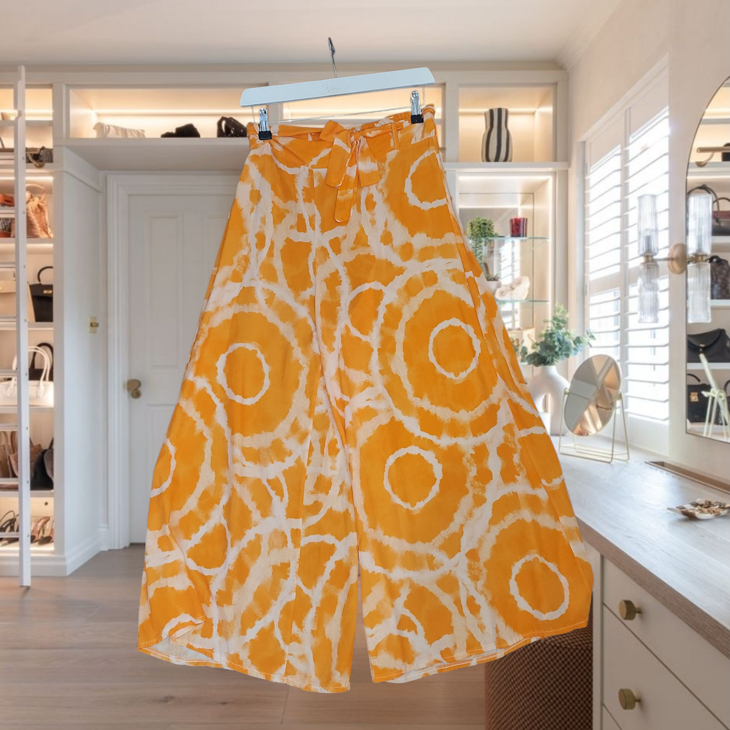 Women's Wide Leg Patterned Trousers- Orange- One Size