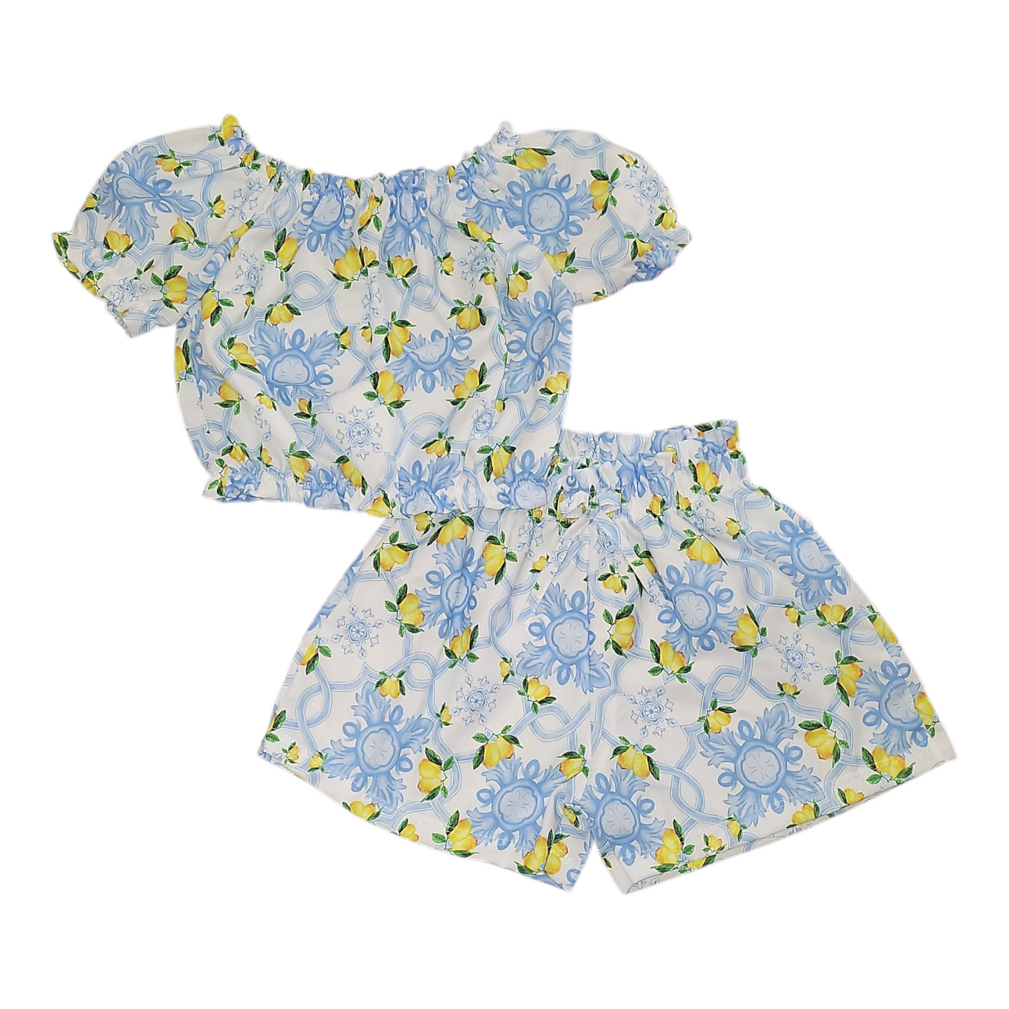 Girl's Lemons Short Sleeve Top & Shorts Set- Beige or Sky Blue- Ages 4 to 14