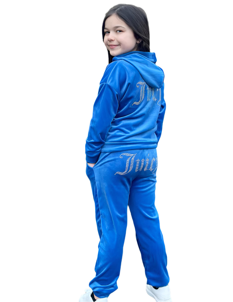 Girls Juicy Velour Tracksuit- Zip And Hooded Jacket- Cuffed Sleeves And Bottoms- Blue