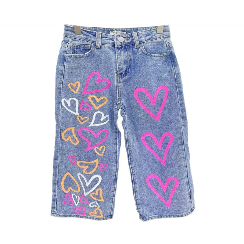 Girls Heart Jeans- Wide Leg- Blue Denim- Multi-coloured Hearts
