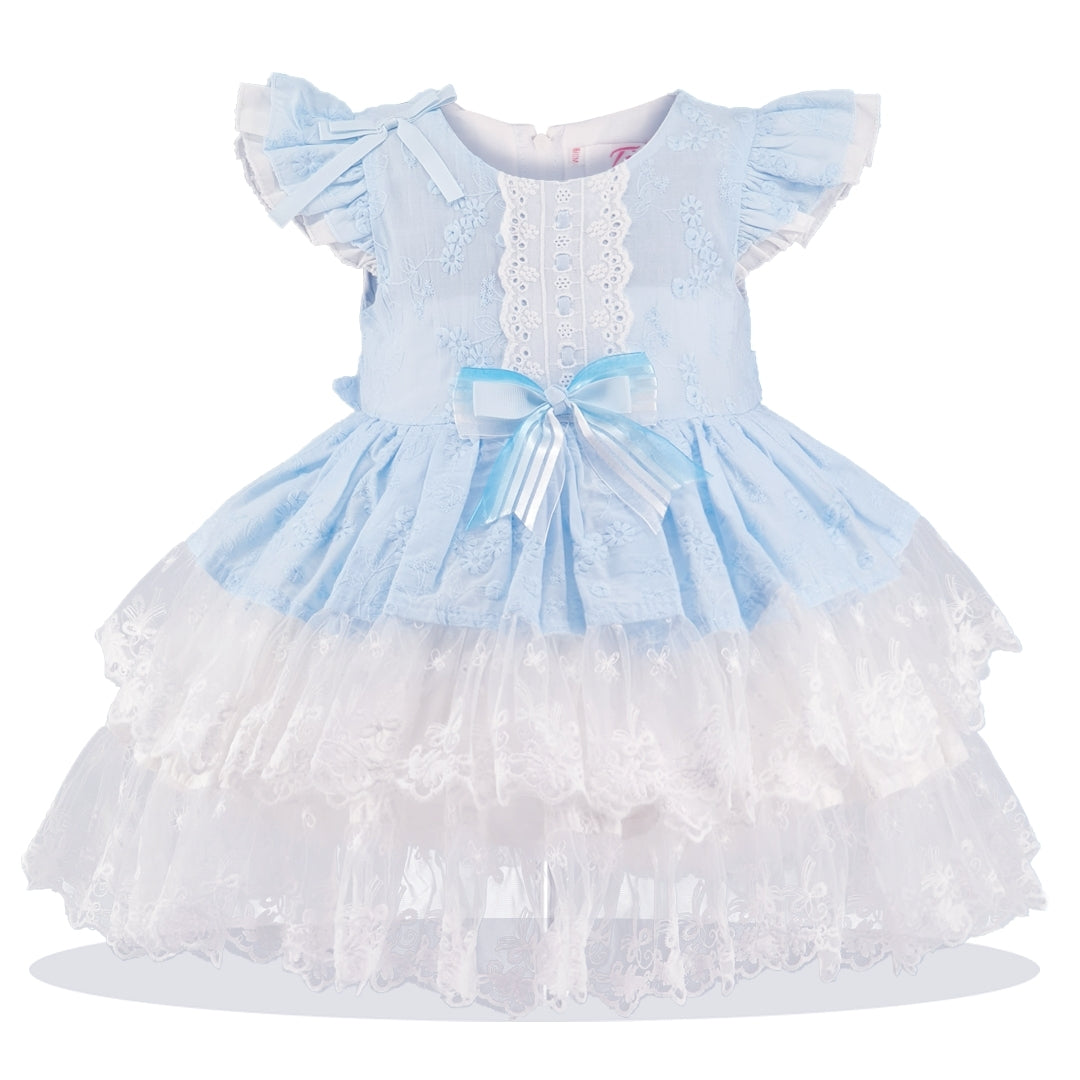 Baby Girls Layered Frill Bow Dress- Baby Blue or Pink- Ages 0-24 Months