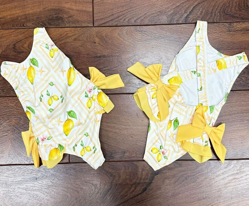 Girls Italian Styled Swimming Costume- With Lemons & Yellow Bows