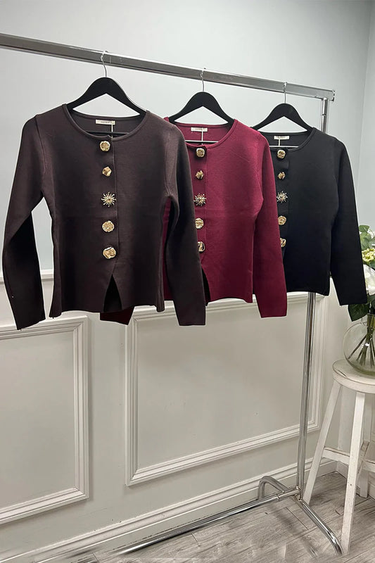 Women's Crimson Cardigan with Gilded Accents