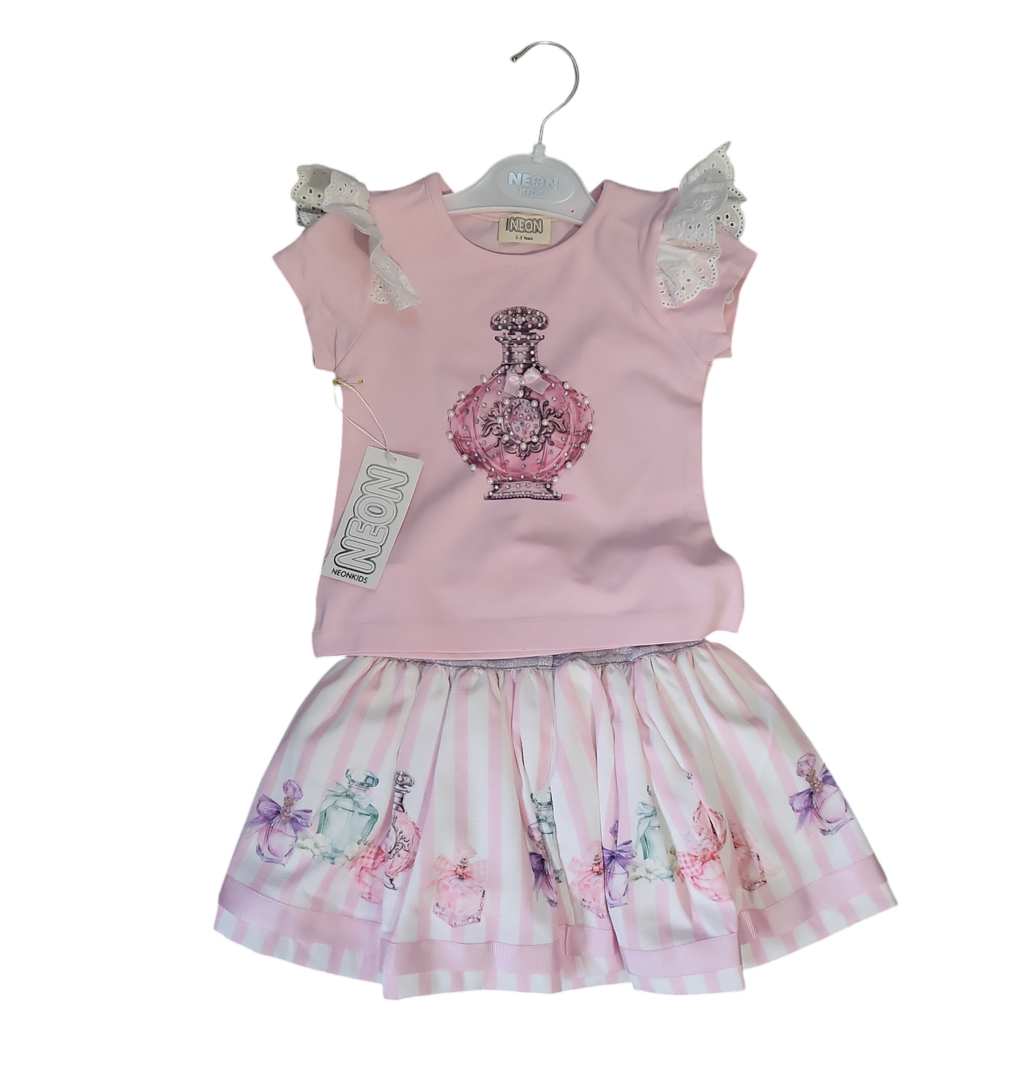 Girls Printed T-shirt And Printed Skirt Set- Pink