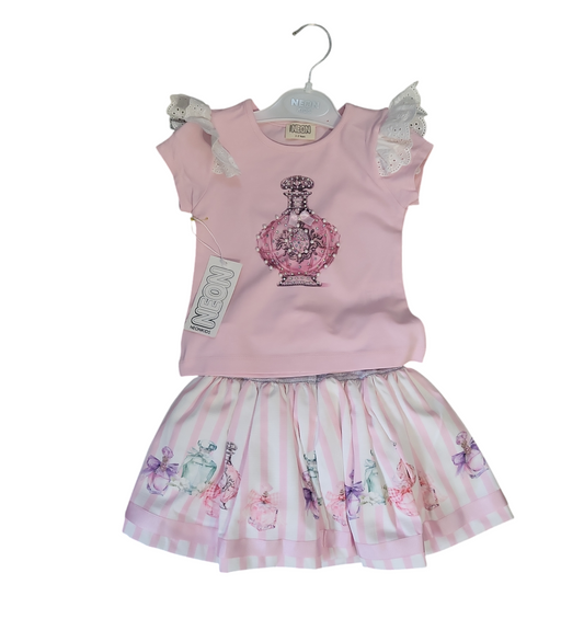 Girls Printed T-shirt And Printed Skirt Set- Pink