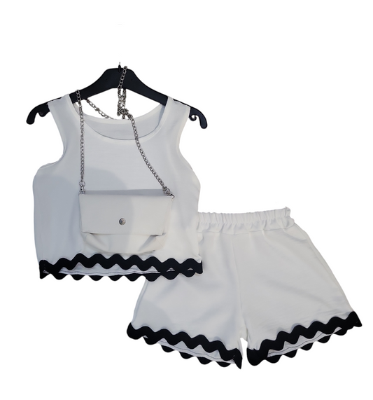 Girls Shorts And Vest Top With Matching Bag- White With Black Trim