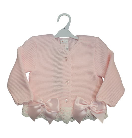 Girls Bow Cardigan With Lace Trim- Pink