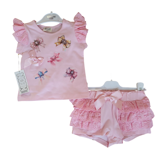 Girls T-Shirt & Shorts Set- Bows, Lace & Frills