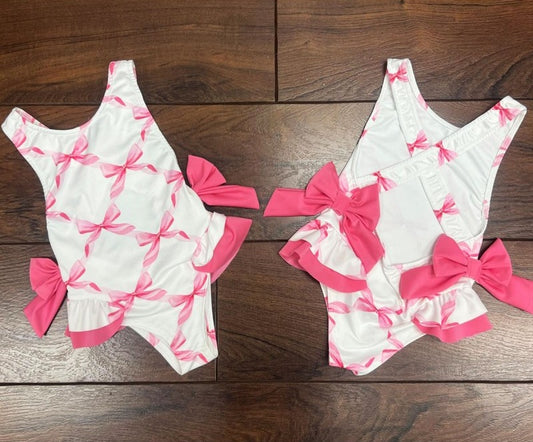 Girl's Double Bow Back Swimming Costume- Cerise