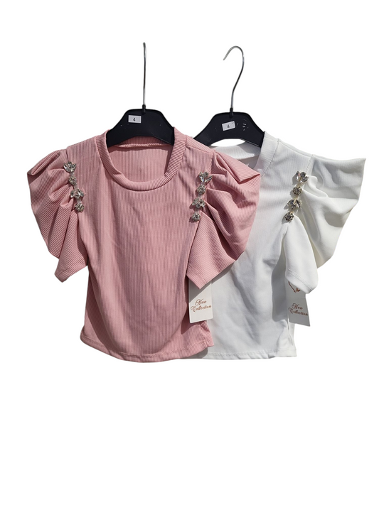 Girls Fine Ribbed Short Sleeve Top With Diamante Detailing- White or Pink