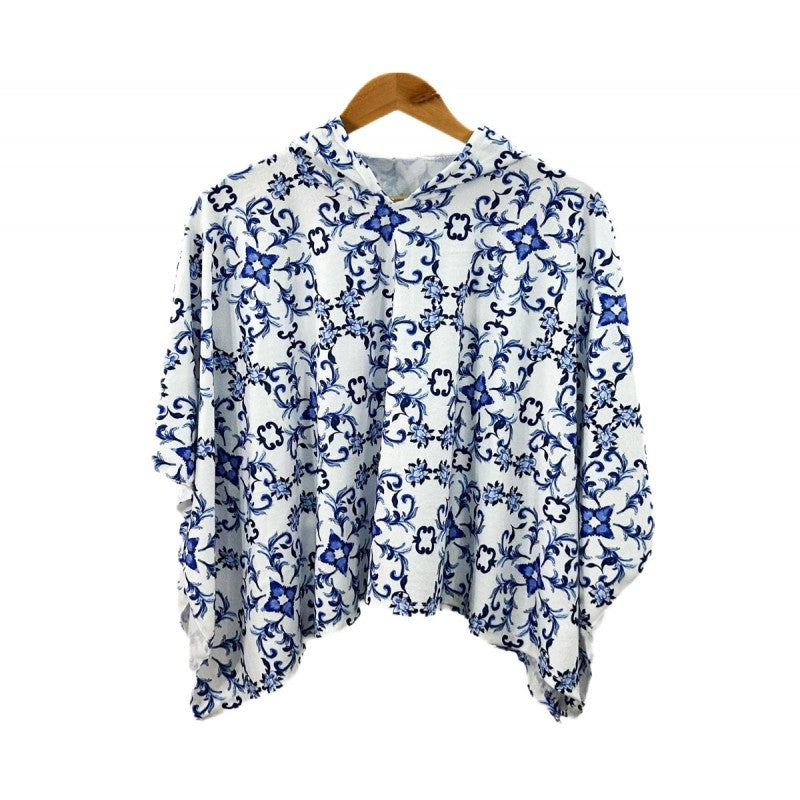 Girls Italian Styled Hooded Towelling Poncho- White With Blue Print