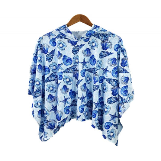Boys Italian Styled Hooded Towelling Poncho- White With Blue Sea Shell Print