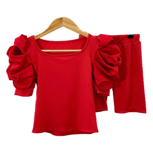 Girls Ruffled Arm Top And Shorts Set- Red