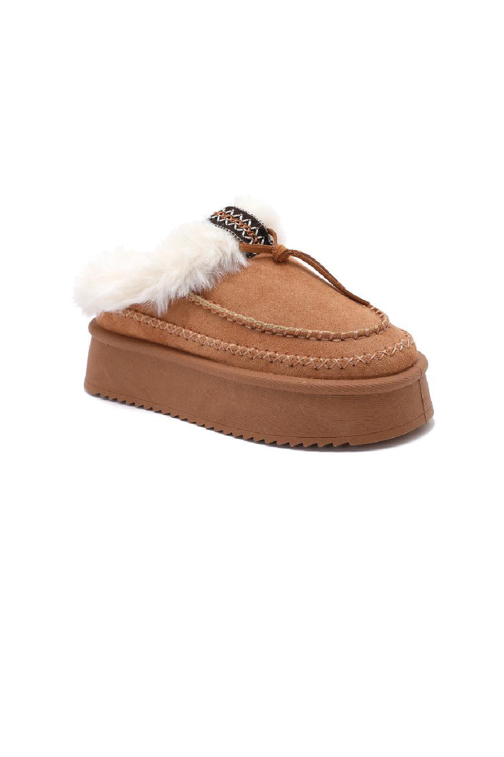 Women's Camel Faux Fur Lined Winter Warm Slip On Boots