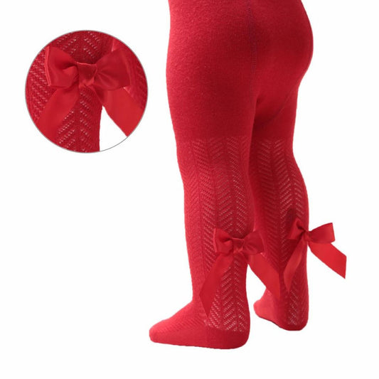 Red Chevron Knit Bow Tights NB-24M