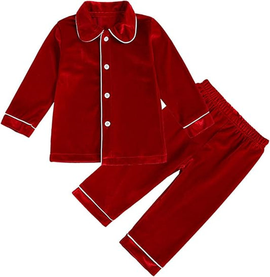 Boys & Girls Red Velour Piped Christmas Pyjamas Set- Ages 2 to 10