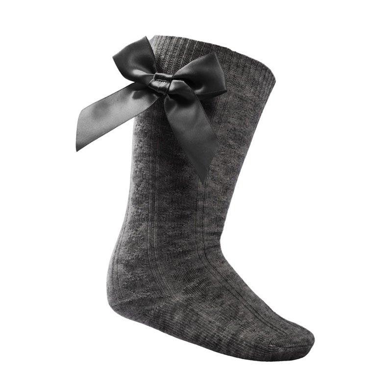 Girls Grey Knee High Socks With Bow.
