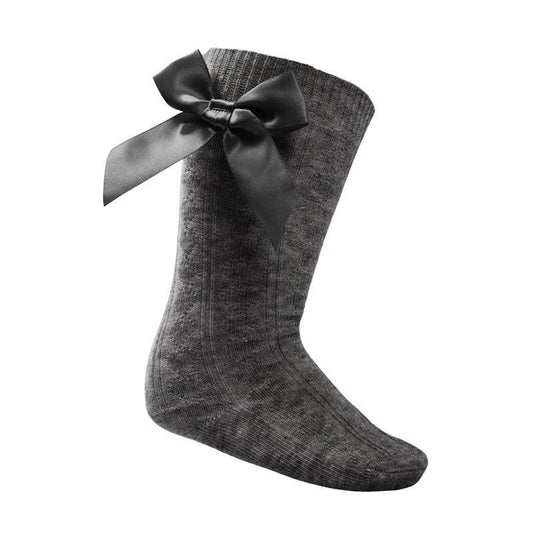 Girls Grey Knee High Socks With Bow.