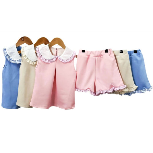Girls Sleeveless Top With Collar & Shorts Set- Beige, Sky Blue, Pink