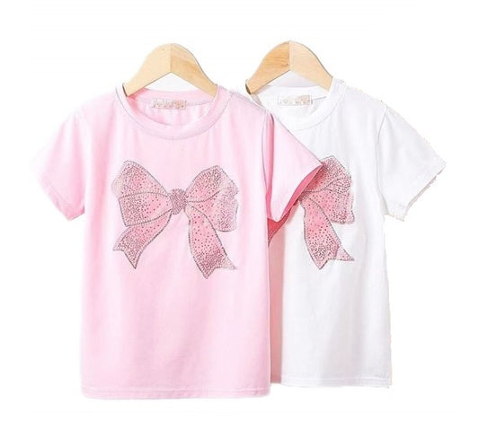 Girls Short Sleeve T-Shirt With Diamante Bow Print- White/Pink