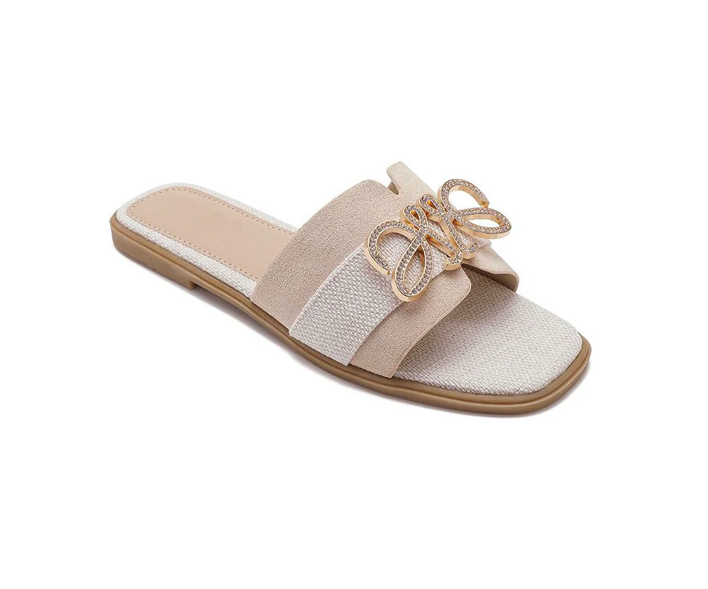 Women's Beige Slip On Diamnate Trim Flat Sliders Summer Sandals