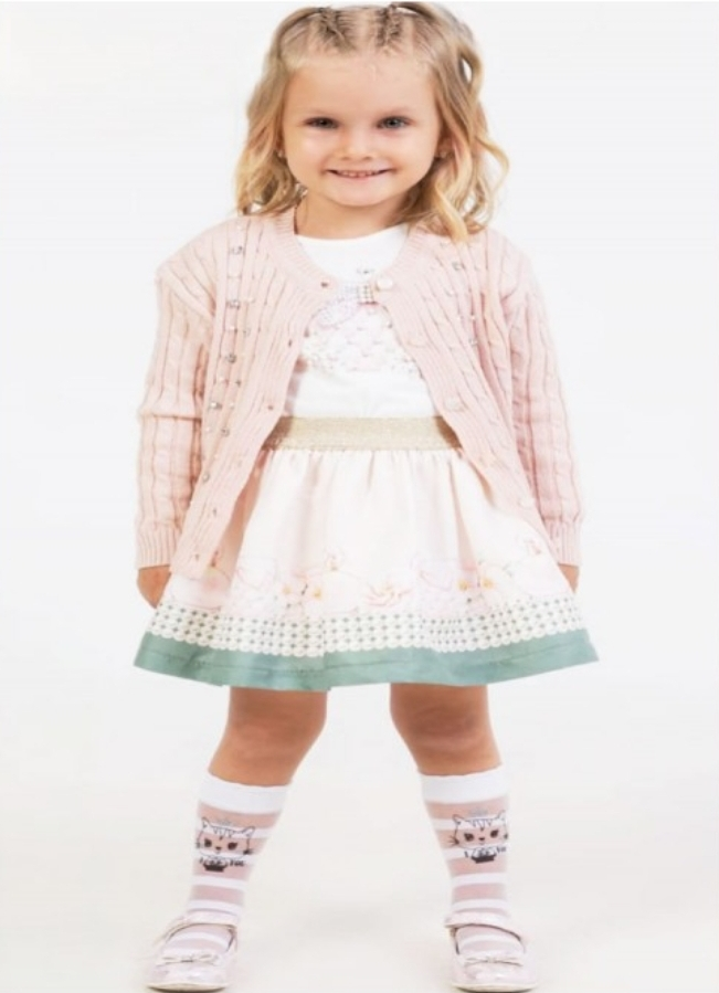 Girls Printed Embellished T-Shirt, Cardigan and Skirt Set- Salmon