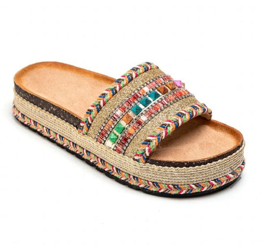 Women's Multi Colour Braided Flatform Multi Colour Stud Slip On Sandals