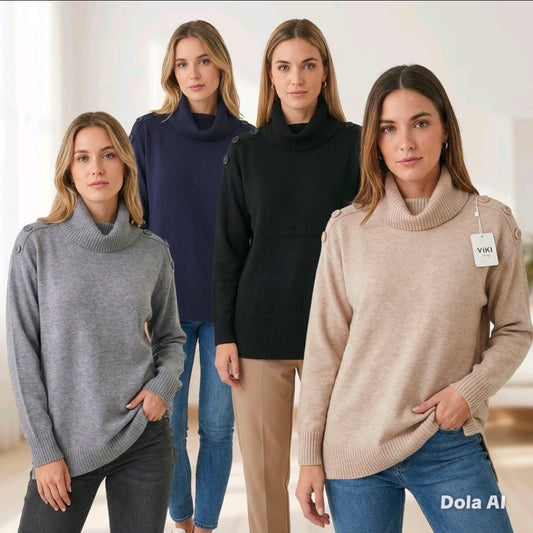 Women's Crew Neck Jumper With Button Detailing.