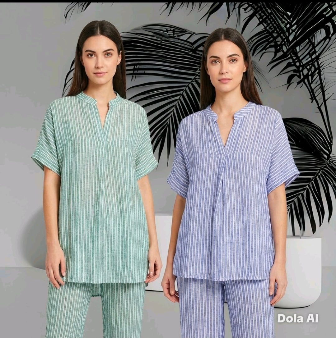 Women's Linen Short Sleeve Top & Wide Bottomed Trouser Set- One Size- Green or Blue