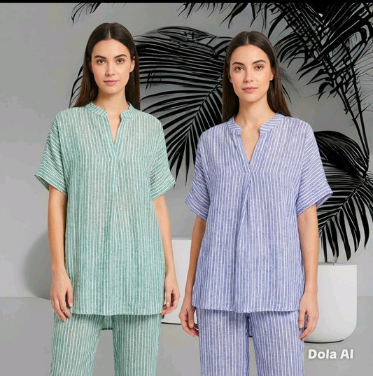 Women's Linen Short Sleeve Top & Wide Bottomed Trouser Set- One Size- Green or Blue