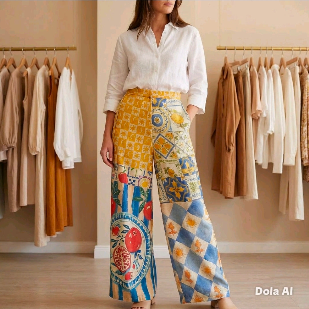 Women's Lurex Multi Patterned Wide Bottom Trousers- One Size