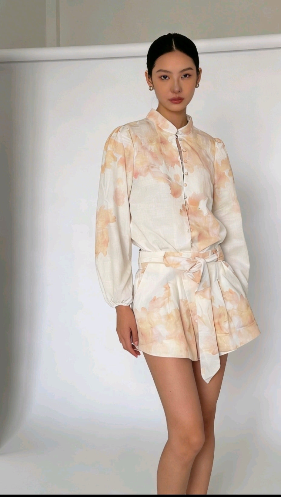 Women's Peach Floral Print Shorts With Tie And Shirt.