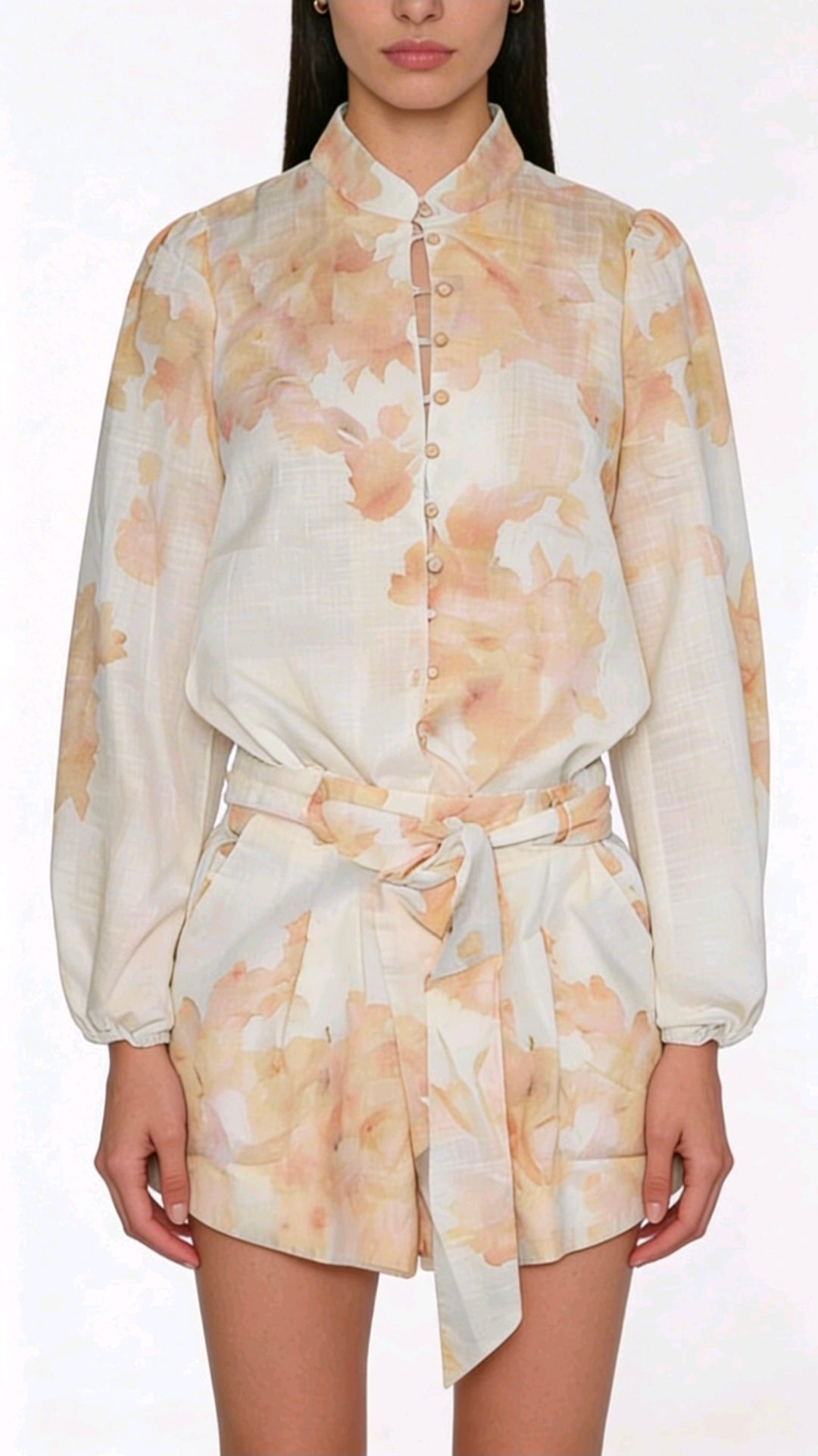 Women's Peach Floral Print Shorts With Tie And Shirt.