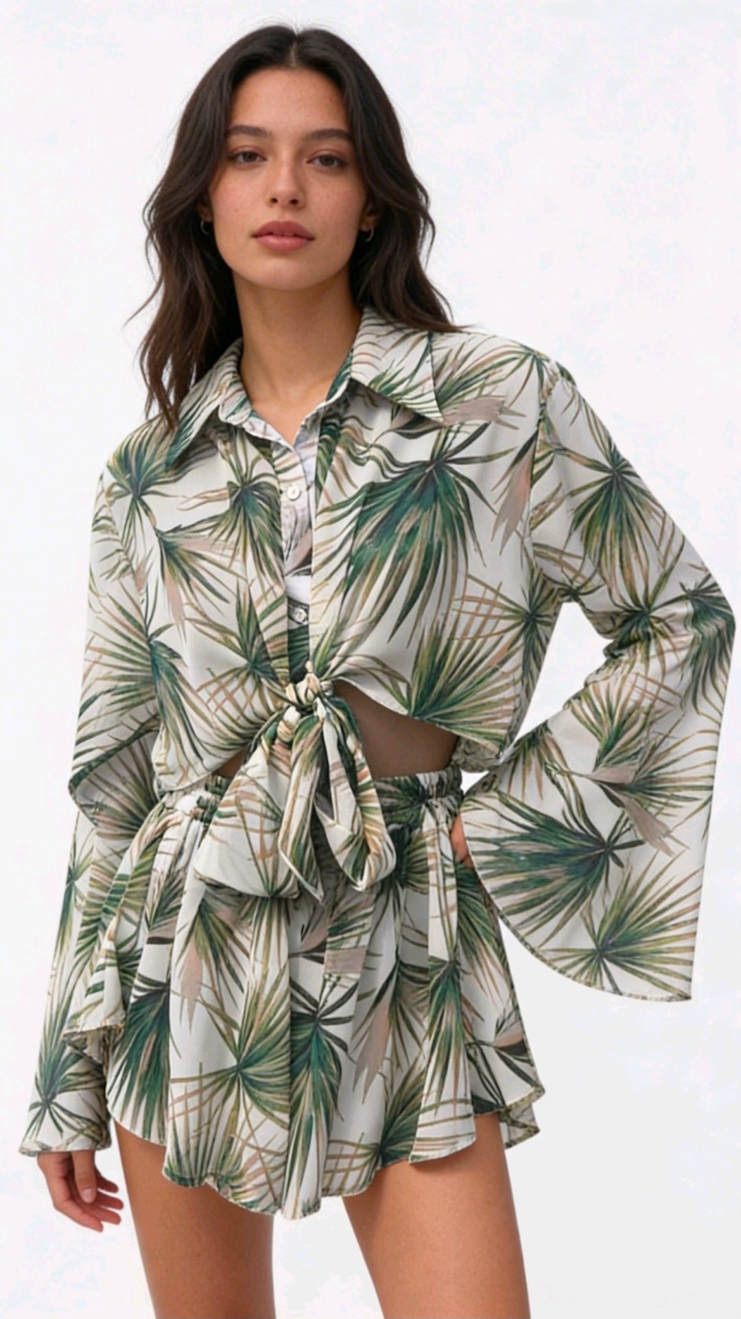 Women's Shorts and Shirt Set Leaf Pattern Two Piece Summer Outfit