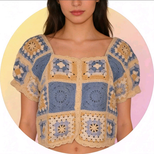 Women's Crochet Sky Blue And Beige Cardigan.