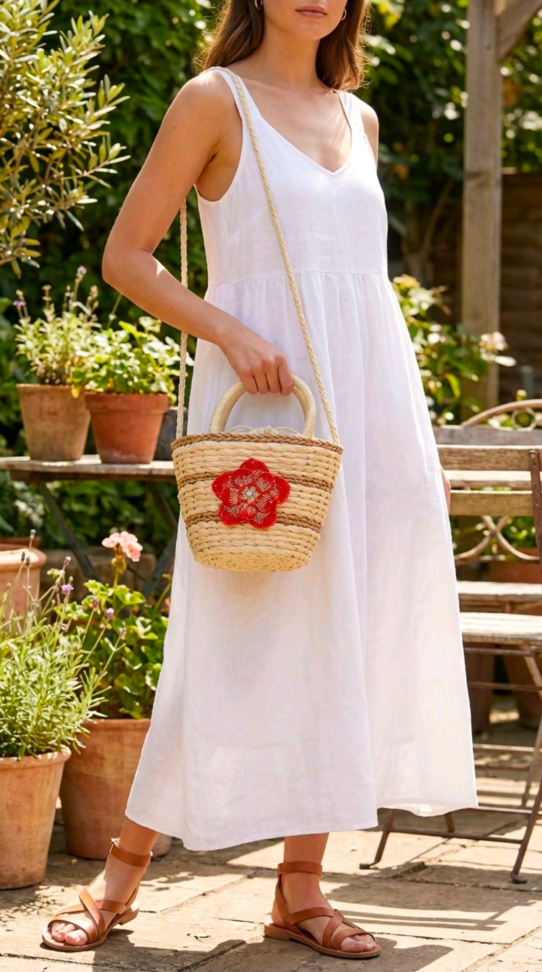 Womens Straw Tote Bag with Drawstring Closure And Large Orange Crystals Flower