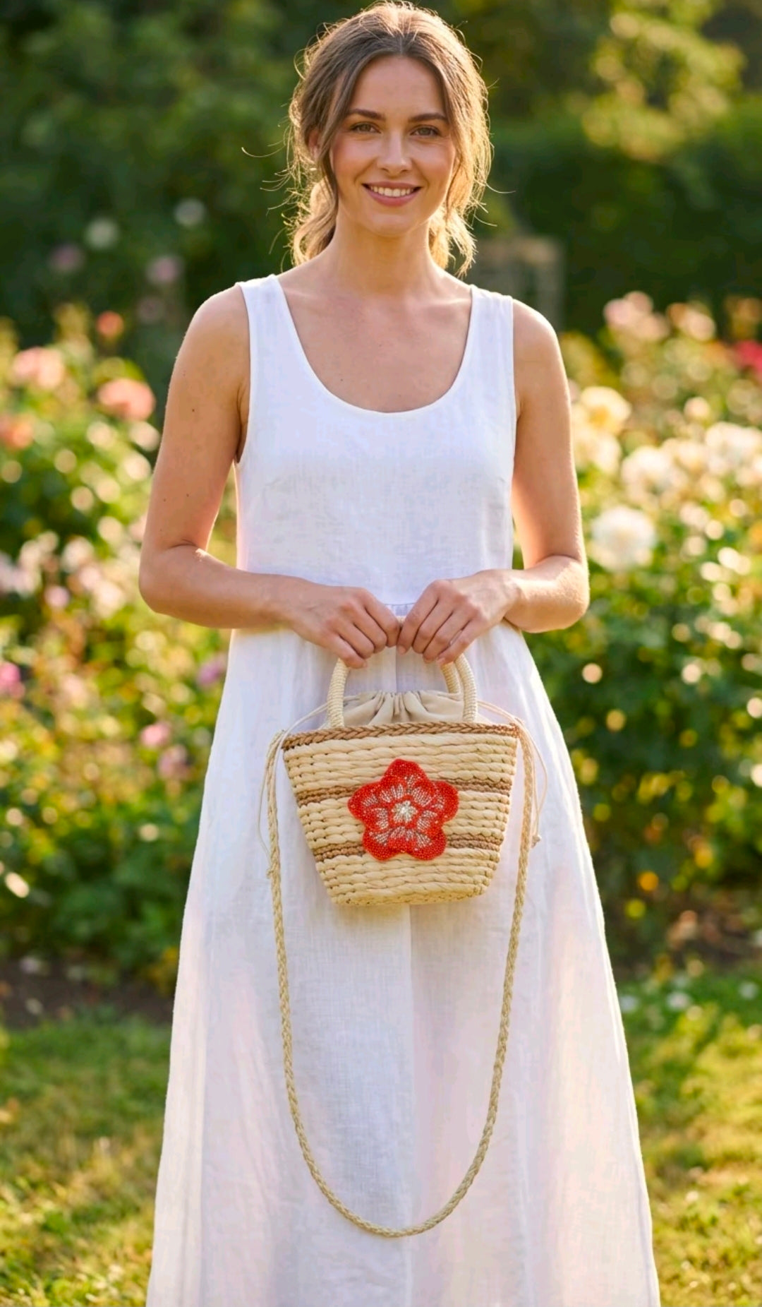 Womens Straw Tote Bag with Drawstring Closure And Large Orange Crystals Flower