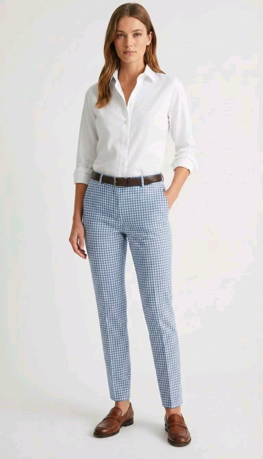 Women's Blue and White Dog Tooth Trousers