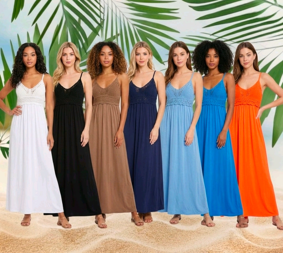 Women's Linen And Crochet Maxi Dress