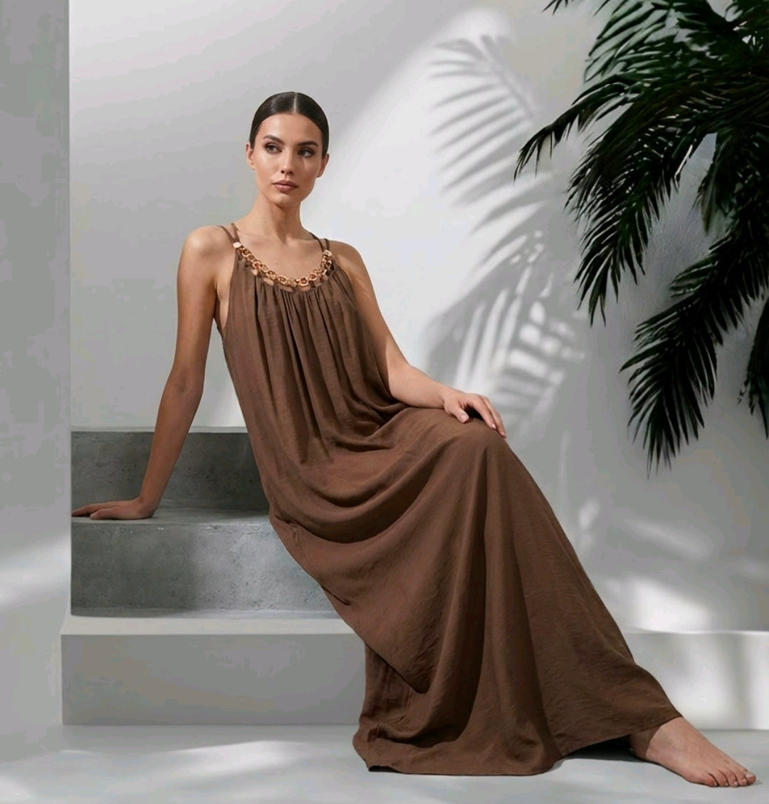 Women's Long Strappy Summer Dress With Brown Chain Detail- 3 Colours- One Size