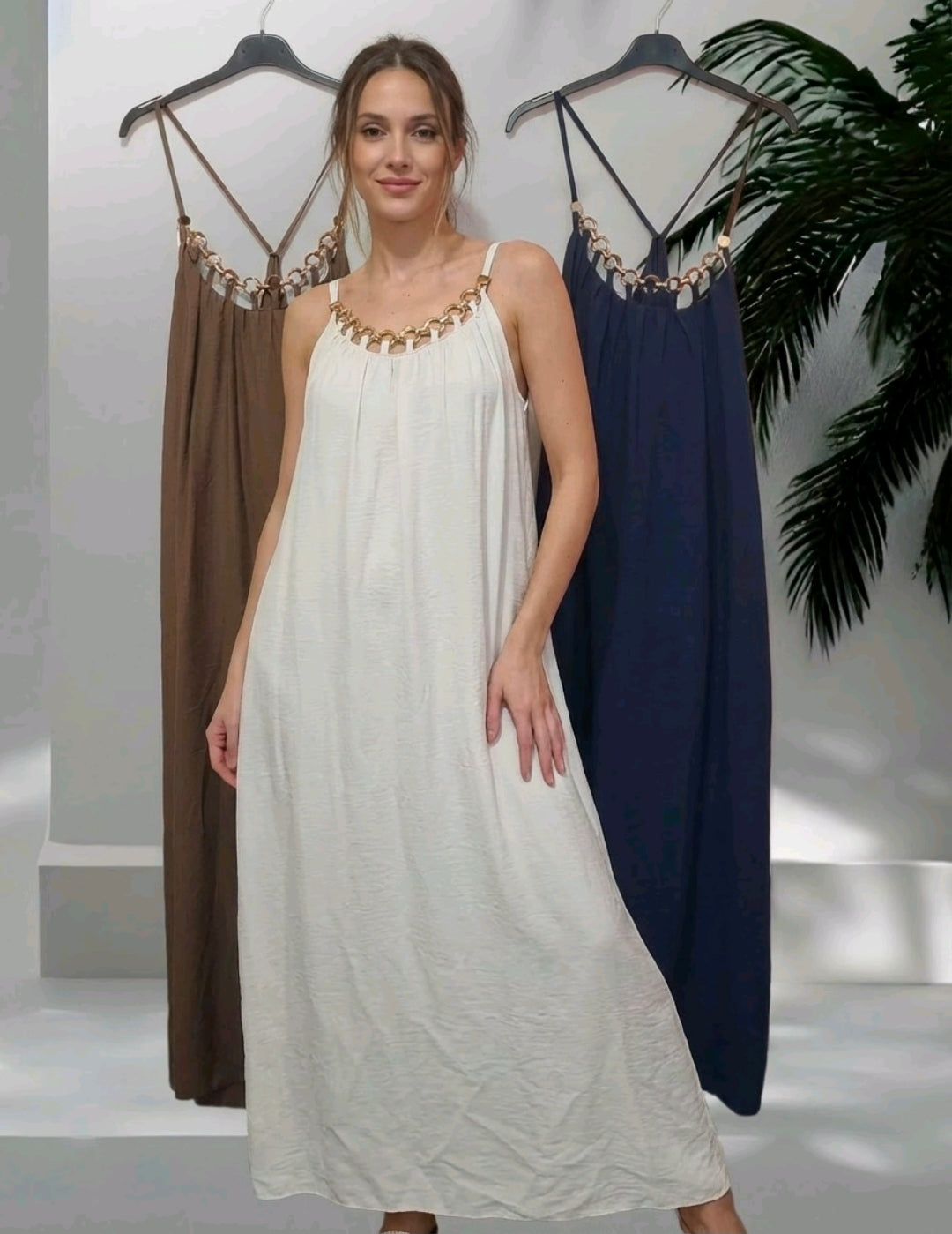 Women's Long Strappy Summer Dress With Brown Chain Detail- 3 Colours- One Size